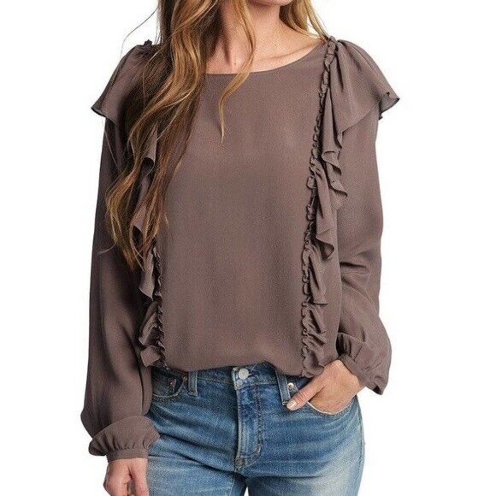 Frye Harper 100% Silk Blouse Boat Neck Ruffle Long Sleeve Brown Womens Large